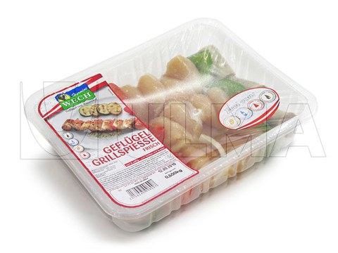 Упаковка куриных шашлычков в модифицированную атмосферу (МГС) на трейсилере