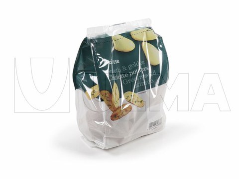 Упаковка картофеля в пакет с плоским дном с 4-мя швами по краям на вертикальной машине (VFFS).