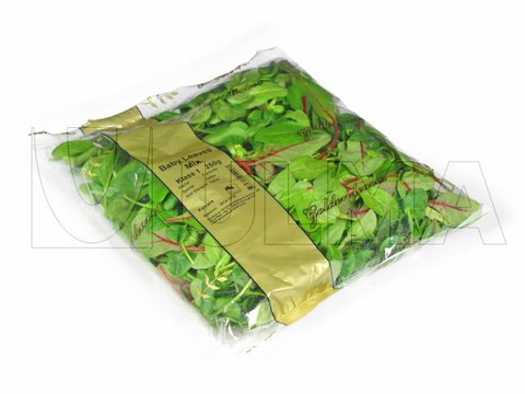 Упаковка листьев шпината и рукколы на вертикальной машине (VFFS) в модифицированную атмосферу  (МГС) в пленку БОПП